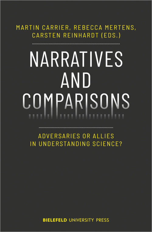 Das Cover der Publikation Narratives and Comparisons: Adversaries or allies in understanding science?, herausgegeben von Martin Carrier, Rebecca Mertens und Carsten Reinhardt, zeigt den Titel in weißen Großbuchstaben auf einem dunklen Hintergrund. Unter der letzten Zeile ist eine Reihe von kurzen, senkrechten Strichen, ähnlich wie bei einem Lineal abgebildet, in die die Senkrechtstriche der Buchstaben von Comparisons laufen. Unterhalb des ganzen steht der Untertitel in gelben Buchstaben. Die Namen der Herausgeber:innen und des Verlags sind auf dem Cover ebenfalls in gelb geschrieben.