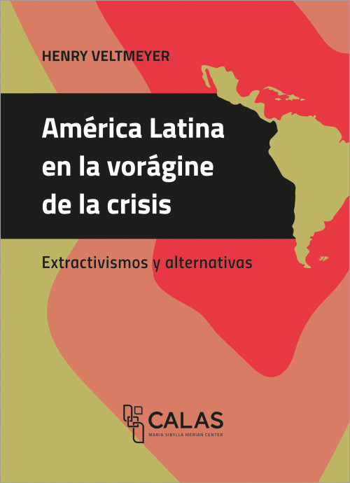 Das Cover der Publikation América Latina en la vorágine de la crisis zeigt den Titel im schwarzen Balken in großer weißer Schrift am linken oberen Rand. Über dem schwarzen Balken steht der Autor Henry Veltmeyer in schwarzer Schrift. Unter dem schwarzen Balken befindet sich der Untertitel Extractivismos y alternativas in schwarzer Schrift. Der Hintergrund besteht aus abstrakten, organischen Flächen in drei Farben: blasses Olivgrün, terrakottafarbenes Orange und kräftiges Rot. Rechts oben befindet sich eine stilisierte Karte von Lateinamerika im blassen Olivgrün. Der schwarze Balken mit dem Titel teilt das Cover etwa horizontal in zwei Hälften. Unten mittig befindet sich das Logo und der Schriftzug von CALAS (Maria Sibylla Merian Center).